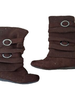 Brown Slouchy Mid-Calf Boots with Buckle Detail
